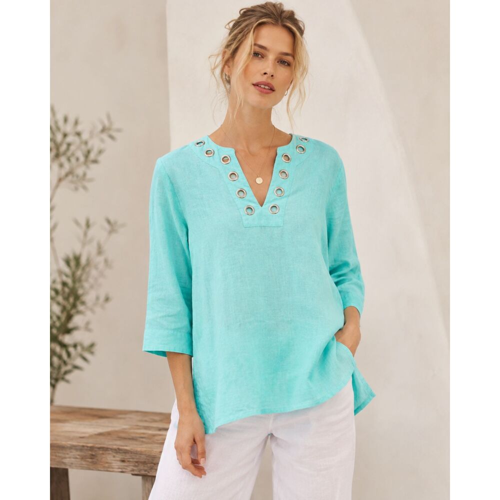 August Silk 100% Linen Tunic Blouse Women S Aqua Grommet V Neck 3/4 Sleeve